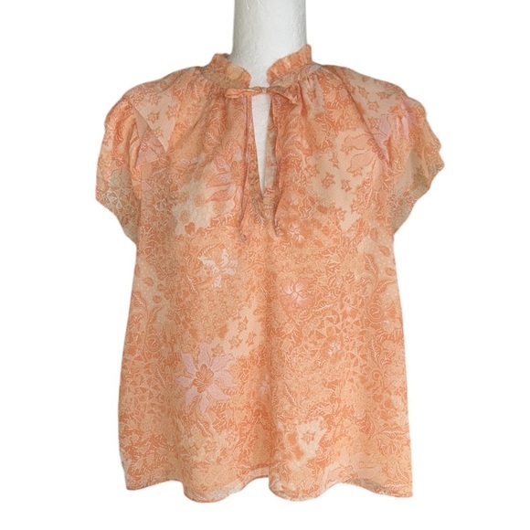 House of Harlow 1960 Peach Blush Pink Floral Print Tie Neck Ruffle Sleeve Top  M - Picture 3 of 15